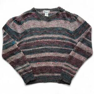 Vintage Stephanie J Striped Mohair Wool Button Shoulder Crewneck Sweater Knit L